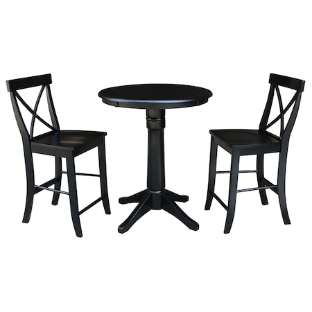 International Concepts Round 30 in Rd Pedestal Gathering Ht Table, 2 X-Back Counter Ht Stools, Black, 30 in W, 30 in L, Wood K46-30RT-27B-S6132-2